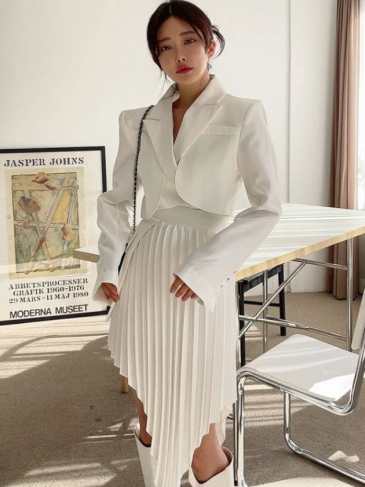 Cropped White Pleated Irregular Skirt Two Piece Set - Stylord