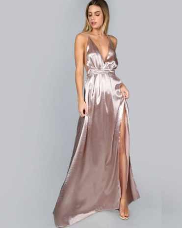 Cross Back High Split Satin Maxi Slip Dress - Pink / s Stylord