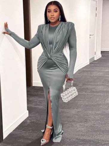 Cross Ruched Solid O-neck Bodycon Maxi Dress - Gray / s Stylord