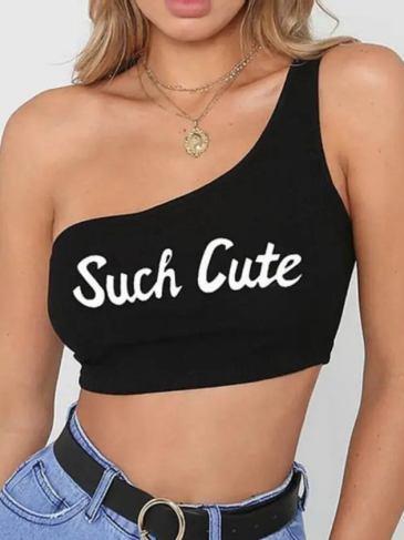 Such Cute Irregular Shoulder Crop Top - Black / One Size Stylord