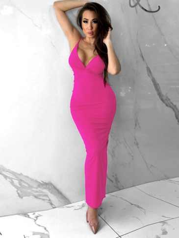 Deep V-neck Backless Cocktail Midi Dress - Pink / s Stylord