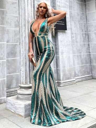 Deep V-neck Backless Sequin Green Maxi Dress - Rent / l Stylord