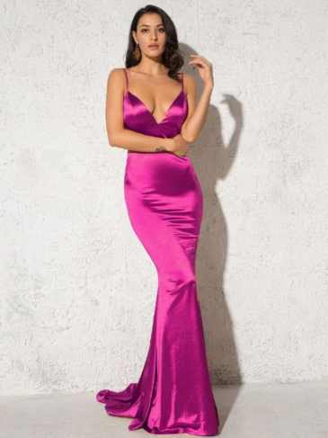 Deep V-neck Mermaid Satin Evening Maxi Dress - Pink / s Stylord