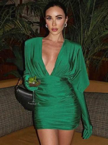 Deep v Long Sleeve Ruched Mini Dress With Gloves - Green / s Stylord