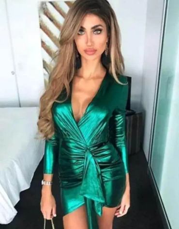 Deep V-neck Elegant Green Mini Dress - Stylord