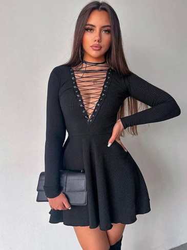 Deep V - neck Straps Lace - up Ribbed Mini Dress - Black / s Stylord