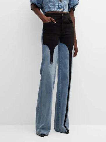 Denim High Waist Black And Blue Contrast Stitching Jeans - s Stylord