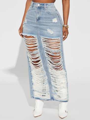 Cut Out Denim Pocket Tassel Split Midi Skirt - Blue / s Stylord