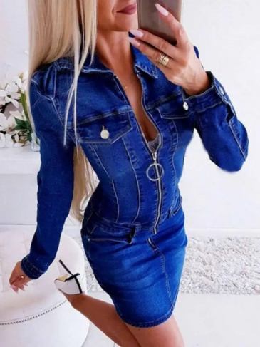 Denim Shirt Collar Short Dress - Blue / s Stylord