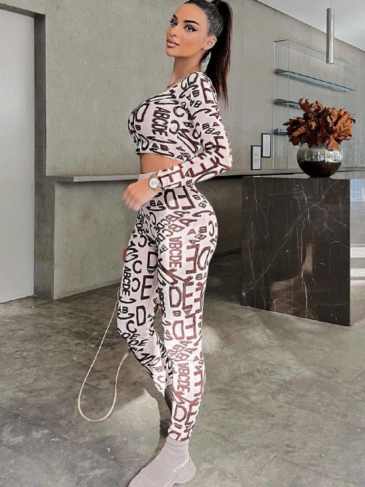 New Design Letter Print Long Sleeve Tight Two Piece Set - Khaki / s Stylord