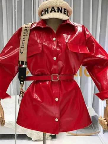 New Designer’s Belt-tied Leather Coat - Red / One Size Stylord