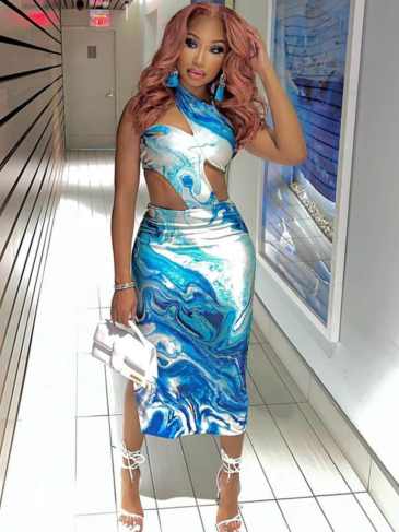 Diagonal Collar Elegant Tie Dye Party Dress - Blue / s Stylord