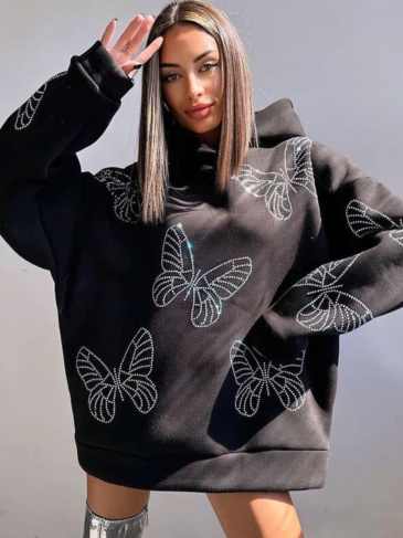 Diamond Butterfly Long Sleeve Loose Hoodie Dress - Black / s Stylord