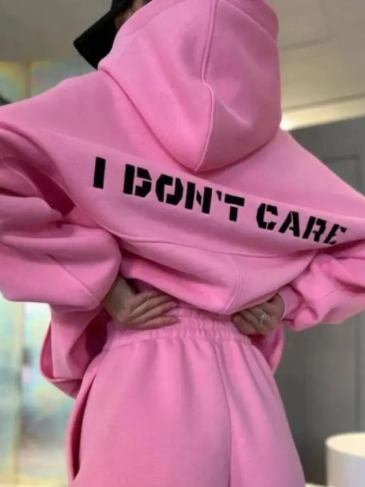I Don’t Care Letter Print Casual Two Piece Set - Pink / s Stylord