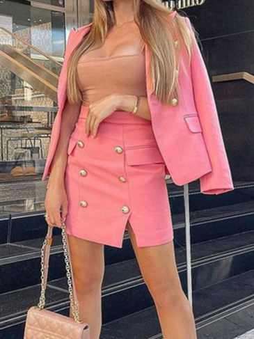Double Breasted Blazer And Skirt Two Piece Set - Pink / s Stylord