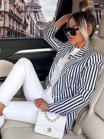 Double-breasted Classic Striped Slim Blazer - Blue / s Stylord