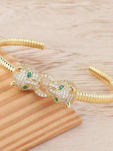 Double Leopard Head Cuff Bangle Bracelet - Gold Stylord
