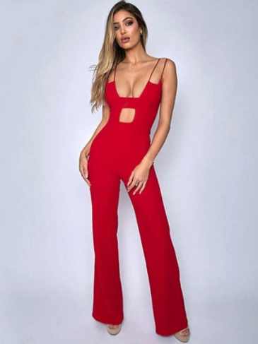 Double Spaghetti Strap Backless Jumpsuit - Red / s Stylord