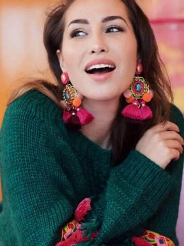 Drop Hairball Handmade Tassel Big Dangle Bohemian Earrings - Pink Stylord