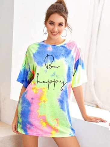 Drop Shoulder Be Happy Tie Dye T-shirt Dress - Multi / s Stylord