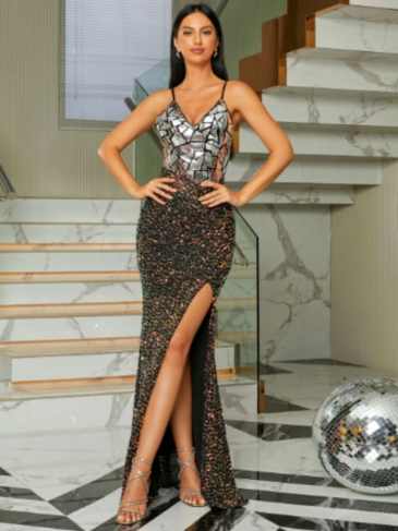 Elegant Backless Geometric Side Slit Maxi Dress - Rent / Multi s Stylord