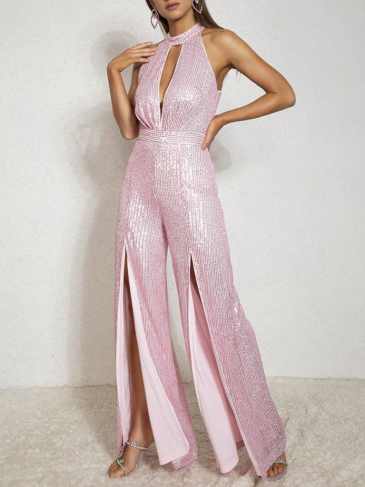 Elegant Backless Sequin Evening Jumpsuit - Pink / s Stylord