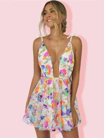 Elegant Backless Summer Sequin Mini Dress - White / s Stylord