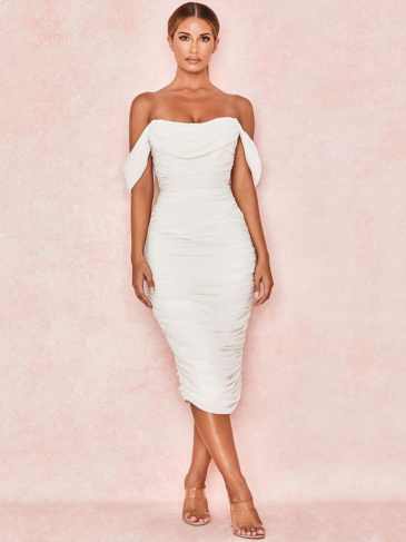 Elegant Bodycon Ruched Off Shoulder Midi Dress - White / s Stylord