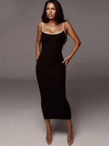 Elegant Cotton Striped Strap Backless Dress - Black / One Size Stylord