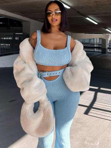 Elegant Crop Top Belt Hollow Out Pant Two Pieces Set - Blue / s Stylord