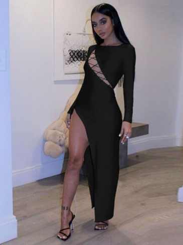 Elegant Cut Out Lace Up Bandage Dress - Black / s Stylord