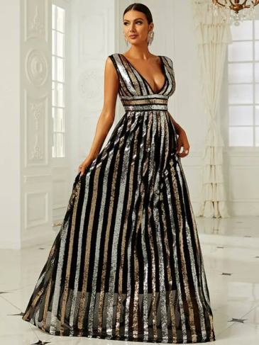 Elegant Deep V-neck Sequin Party Striped Maxi Dress - Rent / Multi s Stylord