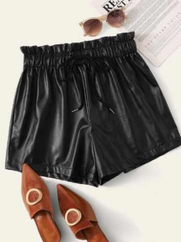 Elegant Drawstring Waist Pu Short - Black / s Stylord