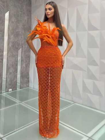 Elegant Feather Sequin Evening Maxi Dress - Rent / Orange s Stylord