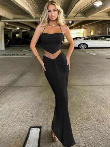 Elegant French Romantic Solid Two Piece Set - Black / s Stylord