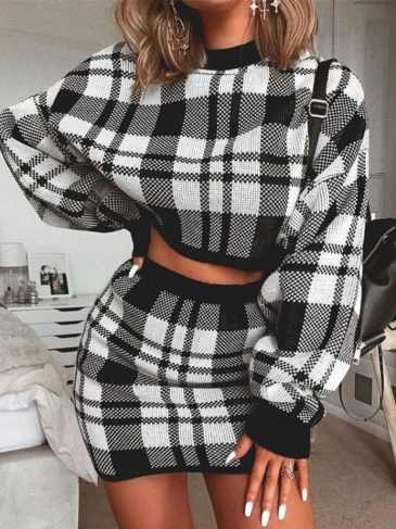 Elegant Knitted Plaid Matching Set - Stylord