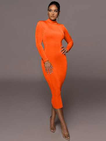 Elegant Long Sleeve O-neck Bodycon Midi Dress - Orange / s Stylord