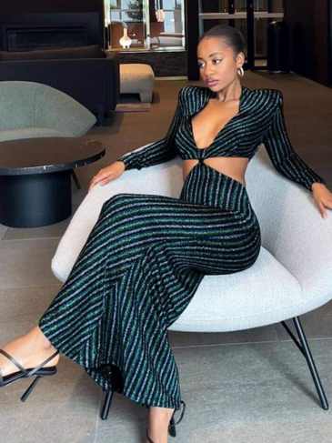 Elegant Long Sleeve Sexy Cut-out Midi Dress - Black / s Stylord