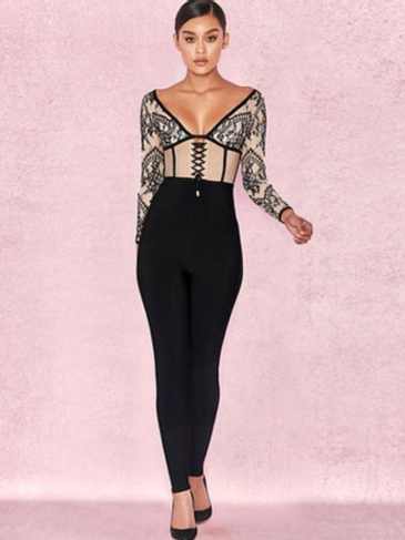 Elegant V-neck Bandage Celebrity Jumpsuit - Black / s Stylord