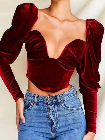 Elegant V-neck Fashion Velvet Crop Top - Red / s Stylord