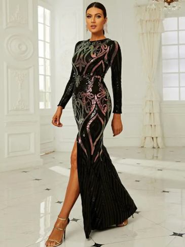 Elegant O-neck Split Floral Sequin Formal Wedding Maxi Dress - Stylord