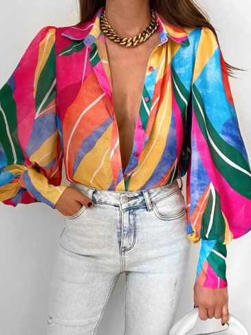 Elegant Print Long Sleeve Shirt - Multi / s Stylord