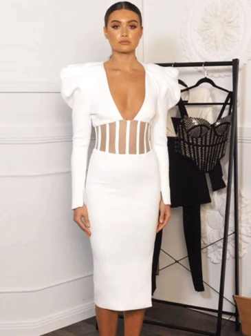 Elegant Puff Sleeve Mesh Patchwork Dress - White / s Stylord