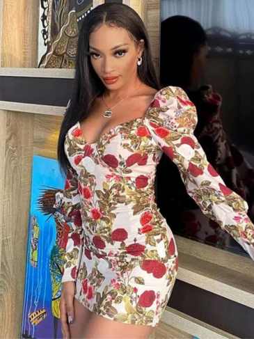 Elegant Puff Sleeves Floral Print Mini Dress - Red / s Stylord