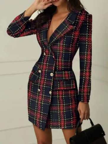 Elegant Red Black Plaid Blazer Dress - Multi / s Stylord
