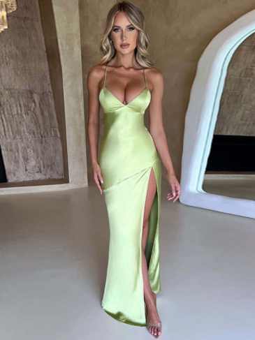 Elegant Satin V-neck Backless Maxi Dress - Green / s Stylord