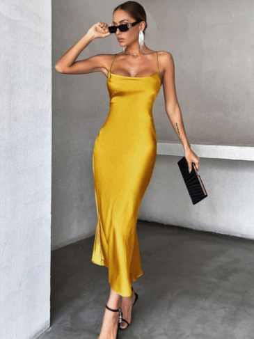 Elegant Satin Yellow Backless Midi Dress - s Stylord