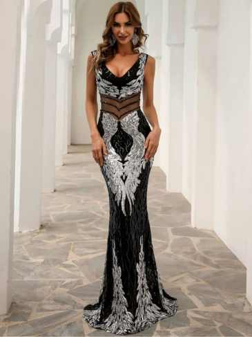 Elegant Sequin Mesh Sleeveless Maxi Evening Dress - Rent / Black s Stylord