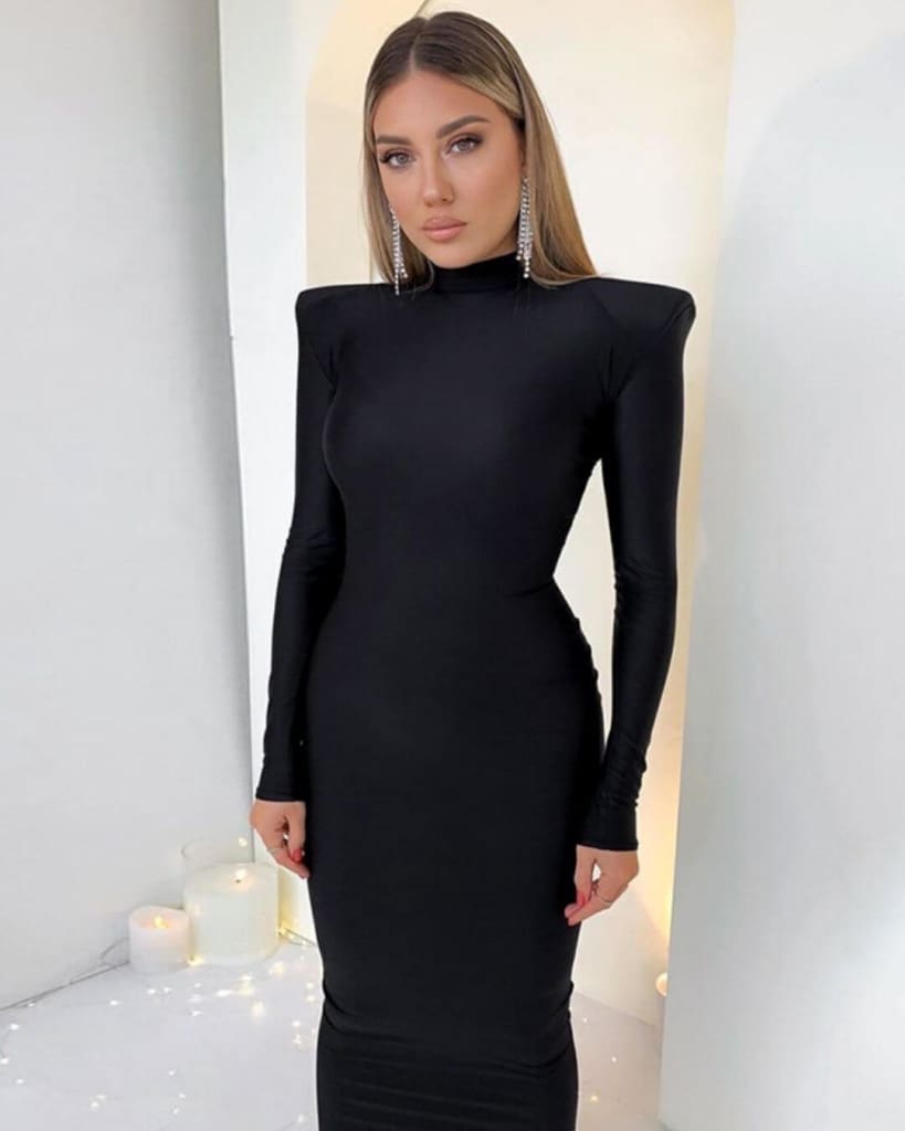 Elegant Shoulder Pads Turtleneck Maxi Dress Elegant Shoulder Pads Turtleneck Maxi Dress