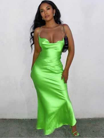 Elegant Solid Satin Backless Summer Maxi Dress - Green / s Stylord